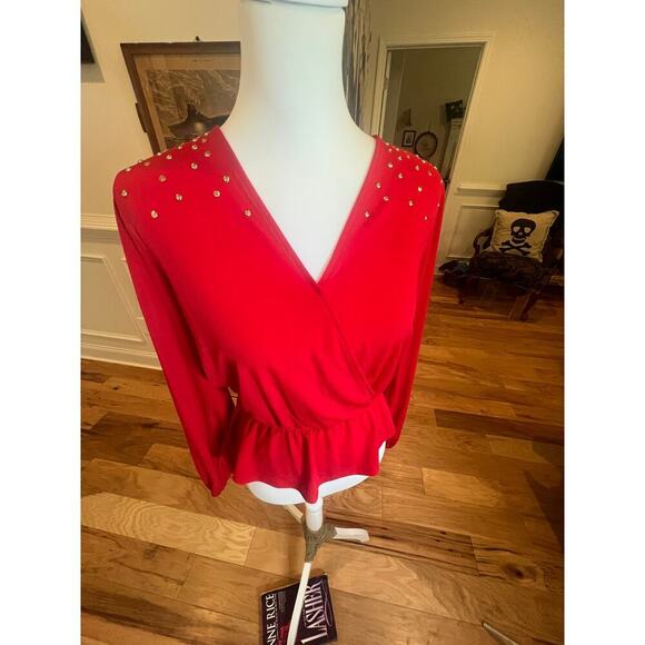 MICHAEL KORS RED FAUX WRAP CINCH WAIST LONG SLEEVE BLOUSE WOMENS XTRA SMALL - Picture 3 of 8